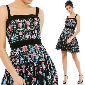 Mac Duggal NEW Black Floral Embellished A-line Velvet Trim Mini Dress‎ | Size 2